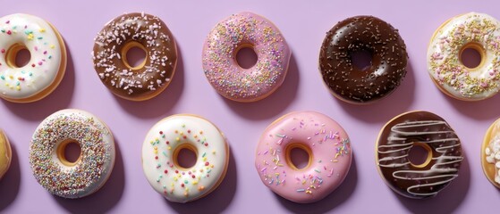 The Donuts Colorful Frosted Assortment with Sprinkles Arranged on Pastel Background