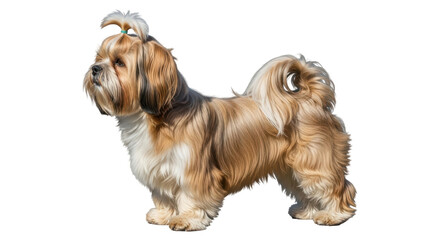 Isolated Shih Tzu with light brown and white long fur standing in a show pose, no background