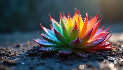 Rainbow succulent on dark ground. Vibrant colors symbolize LGBTQ pride, diversity, inclusion. Dew drops reflect range of identities. Metaphor for growth, resilience in queer community, embracing