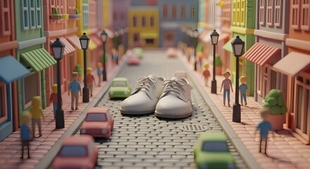 Photorealistic shoes standing on a 3D clay street, clay people and clay cars passing by, vibrant pastel colors, hybrid clay and real design
