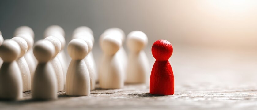 The Red Pawn Standing Before a Line of White Wooden Figurines Signifying Leadership