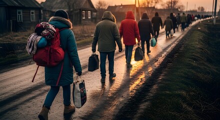 Displaced People Walking Away from Home on a Road with Their Belongings During Sunset