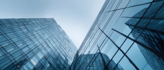 The glass skyscrapers converging skyward reflecting modern corporate architecture against a blue sky