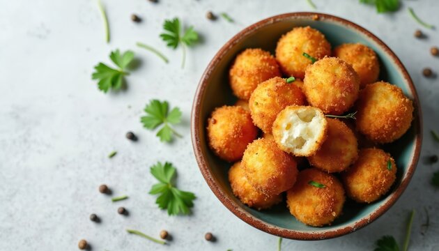Top view of potato croquettes served in rustic bowl on light stone background. Fried snack balls with fresh parsley and black pepper, tasty vegetarian homemade dish for foodies. Cooked organic food. - Powered by Adobe