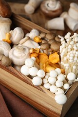 Different raw mushrooms in crate on table, closeup