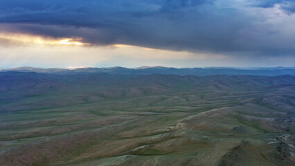 Aerial view of mountains at sunset in Mongolia