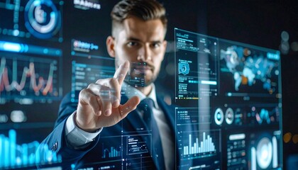 Confident Businessman Interacting with Futuristic Digital Interface in Modern Office.