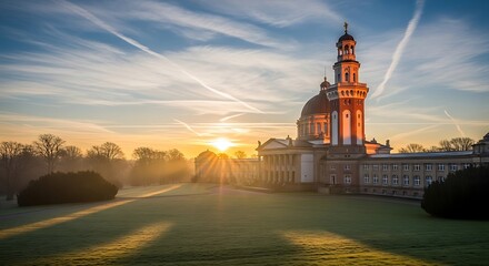 Sunrise over a grand historic building with a prominent dome and tower, casting long shadows across a misty green lawn.