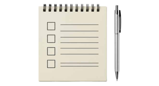 Isolated list pad with check boxes and metal pen ready for business notes or reminders