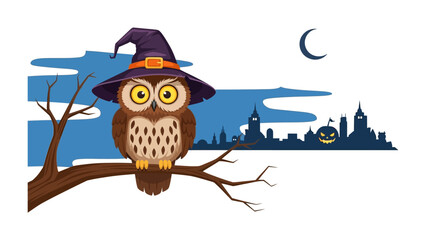 Spooky Owl on a Branch: A captivating illustration of an owl donning a witch's hat, perched majestically on a branch against a Halloween themed backdrop, an ode to the eerie season.