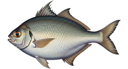Isolated, detailed illustration of a silver pompano fish swimming with fins extended out