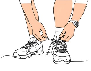 Person tying running shoes.  Continuous line drawing