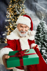 Holiday spirit shines as Santa Claus gifts joy among winter fir trees