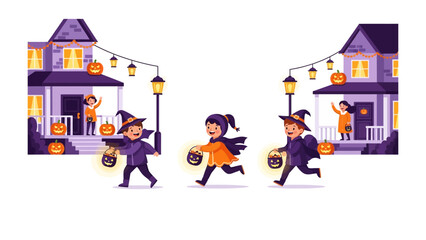 Halloween Trick-or-Treat Adventure: A charming Halloween illustration depicts children in whimsical costumes eagerly trick-or-treating.