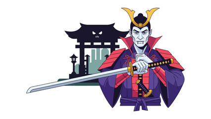 Samurai Warrior: A powerful illustration of a stern-faced samurai warrior, fully armed, poised with a katana, against the backdrop of a traditional Japanese gate. This artwork embodies discipline.