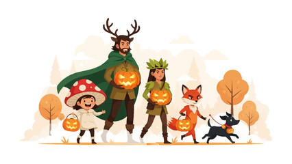 Halloween Family Fun: A spirited family embraces the Halloween spirit. Dressed in charming costumes, they carry glowing jack-o'-lanterns, a delightful representation of festive togetherness.