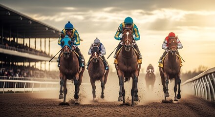 Horses Racing Neck and Neck at the Track - A Thrilling Finish Under a Dramatic Sunset