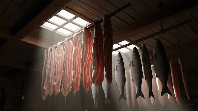Traditional smokehouse with hanging whole salmon and red fillet strips under skylight rays.