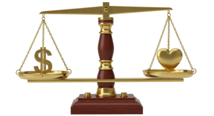 Isolated golden scale comparing a dollar sign versus a heart, balancing economy vs love