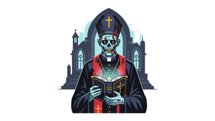 Spooky Sermon: A digitally rendered illustration of a skeletal cleric, enveloped in religious vestments, delivers a sermon with an illuminated bible.