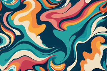 Swirling Abstract Pattern in Retro Colors with Organic Shapes and Dark Blue Background vintage