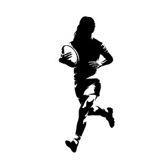 Rugby women logo, woman running with ball, abstract isolated vector silhouette, high contrast illustration
