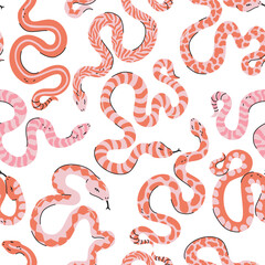 Cartoon funny colorful snakes seamless pattern. Animal print background. Halloween creepy spooky vector illustration. Childish concept for kids textile fabric design in modern fashion style