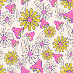 Psychedelic floral background in 70s 80s retro hippie style. Fun daisy chamomile flowers, mushrooms seamless pattern. Vector art illustration for contemporary design, groovy floral fabric