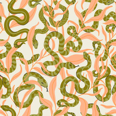 Cartoon funny snakes with geometric texture seamless pattern. Animal and floral print background. Halloween vector illustration. Snake skin in leaves concept for textile fabric design