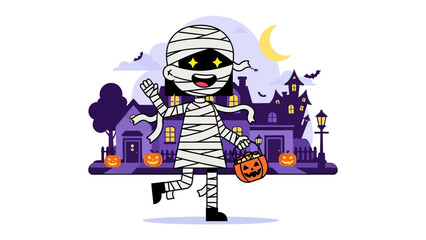 Spooky Halloween night: A child dressed as a mummy on Halloween night is shown, capturing the joyous spirit of the event. The background includes spooky houses and jack-o'-lanterns