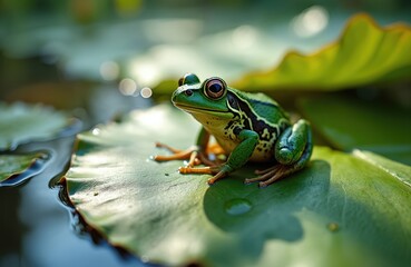 Naklejka premium Close-up photo of cute frog on water lily leaf. Green amphibian sits on aquatic plant in pond. Nature eco concept with frog and water reflection, environment, wildlife. Macro photo.
