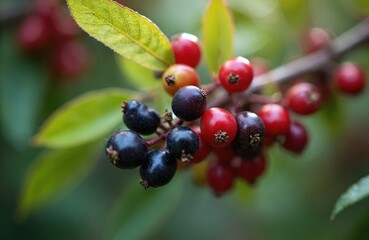 Close-up of Amelanchier lamarckii branches with ripe and unripe fruits. Red berries, green leaves on tree. Tasty, healthy organic food, agriculture, bright colours, spring harvest, raw vegan diet.