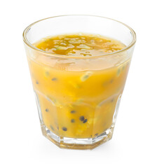 Tasty passion fruit drink isolated on white