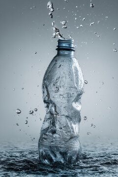 Dynamic splash of water exploding from a plastic bottle in mid-air, symbolizing freshness, hydration, purity and the energy of clean drinking water