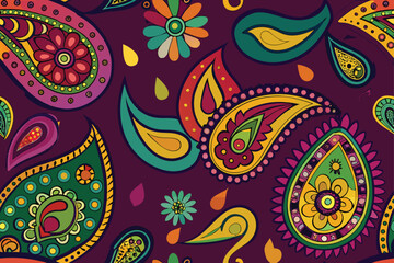 Fototapeta premium Vibrant paisley pattern with colorful teardrop shapes and floral motifs on purple vector illustration