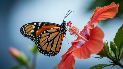 Fototapeta premium Monarch Butterfly on Hibiscus Flower: A majestic monarch butterfly delicately rests on a vibrant hibiscus flower, its intricate patterns and graceful presence captivating the beauty of nature.