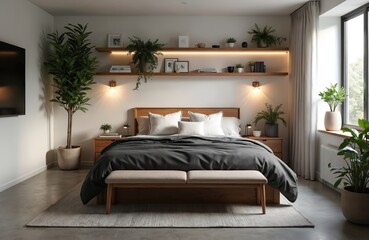 Fototapeta premium Illustration of cozy bedroom. Features queen bed, wooden bedside tables, floating shelves, plants. Natural light illuminates peaceful interior. Modern design, comfortable space for relaxation. Home