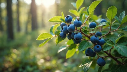 Wild blueberry shrub branch, forest backdrop with sun flares. Ripe blue purple berries, green leaves show natural growth. Fresh, uncultivated fruit packed with antioxidants, great for health food.