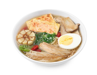 Tasty ramen with enoki and king oyster (eryngii) mushrooms isolated on white