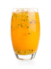 Tasty passion fruit drink in glass isolated on white