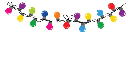 Festive string of colorful light bulbs creating a joyful atmosphere for holidays and celebrations, perfect for party invitations or website decoration