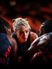 Obraz premium Focused female basketball player strategizing with teammates during intense game