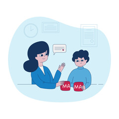 Speech therapist helps a child to speak