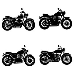 Obraz premium Four black silhouette motorcycles with classic designs are arranged on a white background evenly spaced