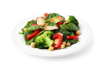 Tasty salad with eryngium mushrooms, chickpeas, vegetables and spinach isolated on white