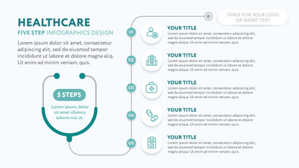 Medical infographics template with stethoscope - 5 step illustration for business presentation slide with icons in flat style