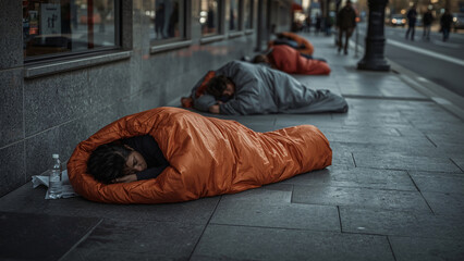 A homeless encampment sits on a street in Downtown Los Angeles, California, USA.