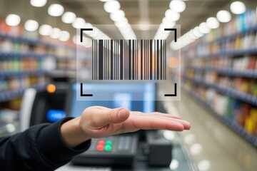 Hand Holding a Barcode Scanner Overlay in a Supermarket, Concept of Retail Technology and Scanning