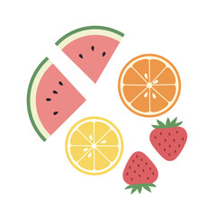 Delicious and Colorful Fruits A Fresh and Healthy Selection of Watermelon, Orange, Lemon, and Strawberries