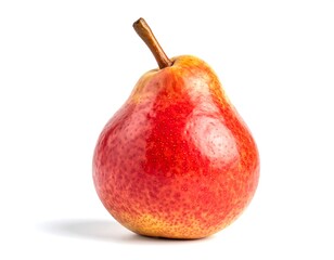 Single, vibrant red and yellow pear against white background
